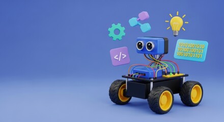 Cute robot with coding and technology icons on blue background