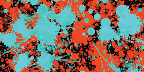 Abstract splatter paint background featuring vibrant teal and orange paint splatters on a black canvas creating a striking artistic design for various uses.