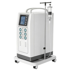 Modern medical infusion pump device with digital display and controls isolated on transparent background