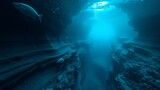 Underwater canyon with cascading blue layers creating a liquid avalanche visible through sonar-like ripples.