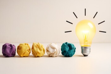 Wall Mural - bright yellow light bulb and colorful paper balls on neutral background symbolizing creativity and i