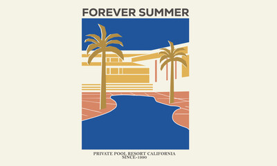 Wall Mural - Forever summer. Palm springs watercolor graphic print design for t shirt print, poster, sticker, background and other uses. Palm tree with swimming pool colorful retro print artwork.