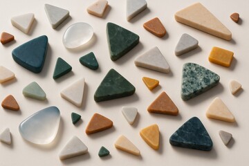 Wall Mural - abstract composition of colorful geometric stone shapes arranged on light background in creative lay