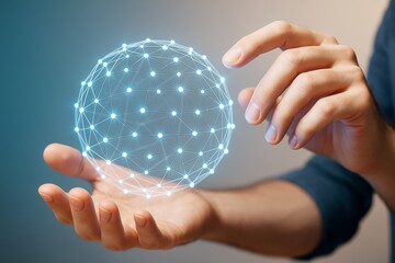 Wall Mural - digital network globe floating between human hands on soft gradient background, symbolizing technolo