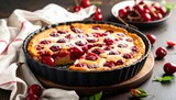 Cherry Clafoutis: A rustic cherry clafoutis pie, nestled in a dark, fluted baking dish, beckons with its luscious blend of sweet cherries and golden, baked custard.