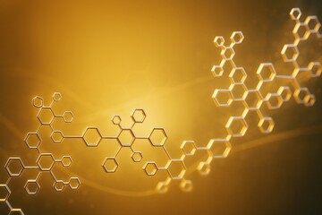 Wall Mural - abstract molecular structure with hexagonal chemical bonds on glowing yellow background representing