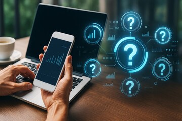 Wall Mural - businessman using smartphone and laptop with futuristic question mark icons and data charts in blue 