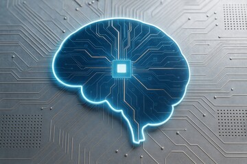 Wall Mural - glowing digital brain symbol on circuit board background representing artificial intelligence and ne