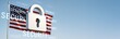 © Pixels Hunter - Cybersecurity concept with padlock icon and text over American flag on blue sky background for technology and business promotion purposes.