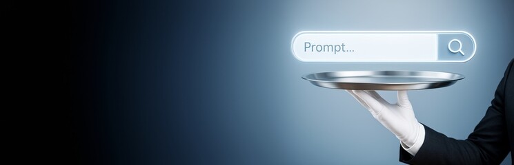 Wall Mural - search bar interface served on silver tray by gloved hand with blue gradient tech background, symbol