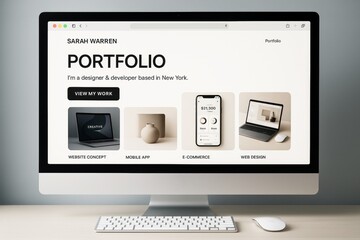 Wall Mural - Modern website portfolio mockup displayed on desktop computer screen with clean layout and minimalist design concept for creative presentation. Ai generative