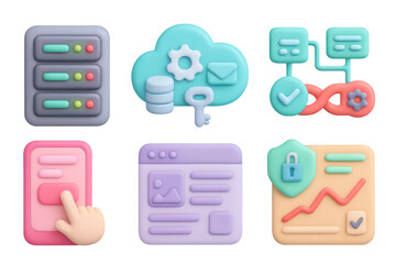 3d icons of cloud computing and web interface elements in pastel colors
