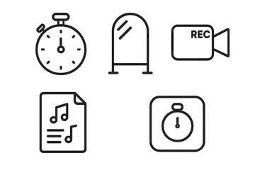 Rehearsal and practice line icon set. Concepts for acting, music, or speech preparation with stopwatch, mirror, camera recording, script, notes, and timer app vector.