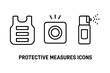 © Elisabeth - Self-defense linear icons. Protective measures concept. Body armor, emergency alarm button, and pepper spray. Security and personal safety equipment vector illustration set.