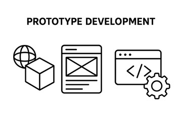 Prototype development outline icon set. MVP concept with 3D model, wireframe, and coding icons. Vector symbols for UI UX design, software engineering, and app creation.