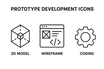 prototype development outline icon set. linear icons for mvp, 3d model, wireframe, and coding. ui an