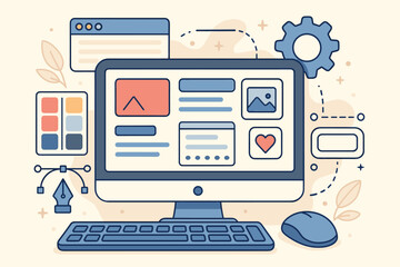 ux/ui development and web design concept. desktop computer showing website interface creation. user 