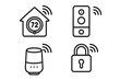 © Elisabeth - Smart home icon set. Outline vector icons of smart home gadgets. Includes smart thermostat, doorbell, speaker, and lock. Home automation, IoT concept illustration.