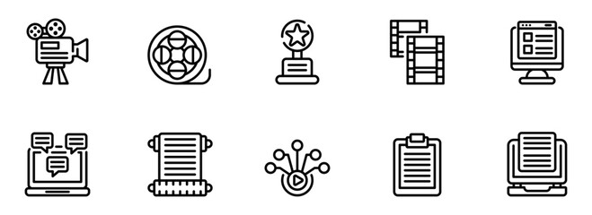 Filmmaking and Content Creation:  Modern Line Icons Set;  Award, Camera, Film Reel, Script,  Online Collaboration,  Video Distribution,  Professional and Clean Style.