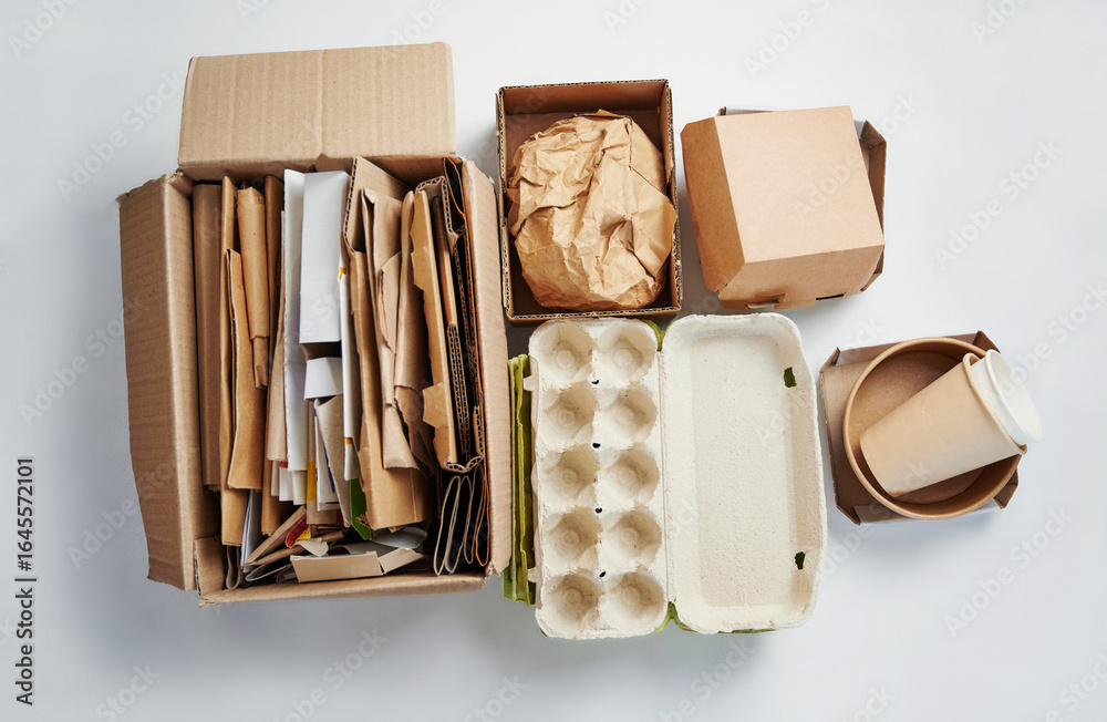 Eco packaging for recycling on white background. Waste paper, paper cup ...