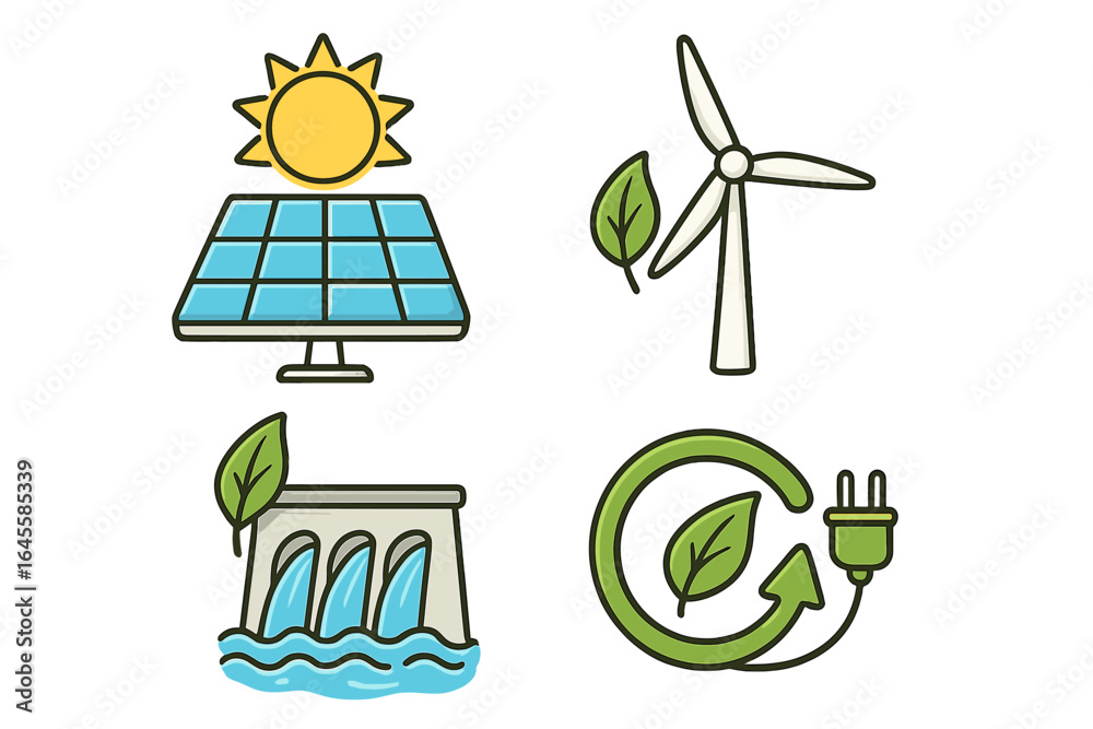 Renewable energy icon set. Solar panel, wind turbine, and hydropower ...