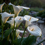 Glistening Calla Lilies After Rain in Late Evening Light