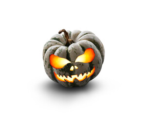 Wall Mural - A lit green, white and orange spooky halloween pumpkin, Jack O Lantern with evil face and eyes looking down and isolated against a transparent background