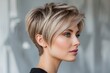 © demzp - Elegant woman with a modern pixie cut hairstyle, showcasing a side profile with makeup.