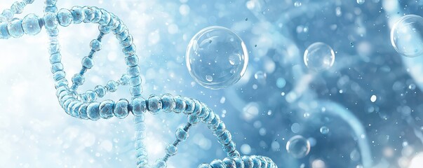Wall Mural - blue background featuring dna strand intertwined with bubbles and light effects for futuristic scien