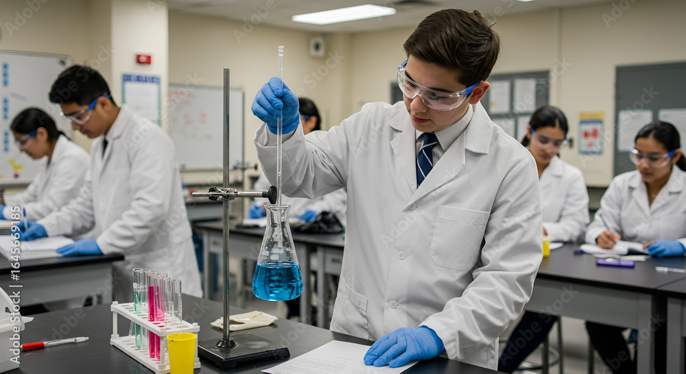 Students in a science lab conducting experiments with beakers and ...