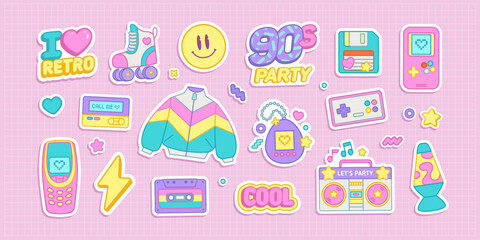 retro stckers set of elements of 80-90s aesthetics , mobile phone, lava lamp, cassette player, casse