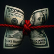 © Youfec - Four US one hundred dollar bills tied tightly in the center with a thick red rope knot against a dark background, symbolizing financial restriction and economic pressure. Concept of money control