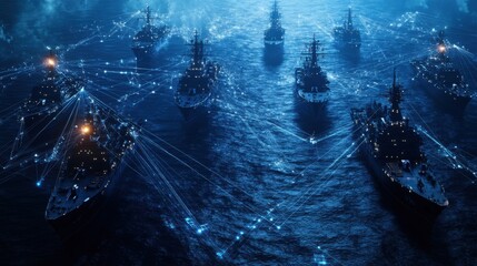 Wall Mural - Modern military assets fighter jets naval ships satellites data links. Ocean scene. Ships connected by data network

