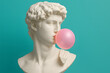© Ram - Classical marble statue blowing pink bubble gum on turquoise background, modern pop art concept merging ancient sculpture with contemporary humor, creative cultural mashup for design, decor, fashion,