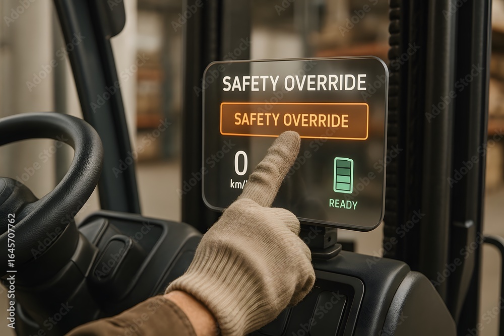 Safety Overriding Example The hand of a worker pressing the safety override button on a forklift ...