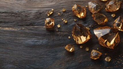 Canvas Print - shiny amber gems on a rustic wooden surface for natural beauty