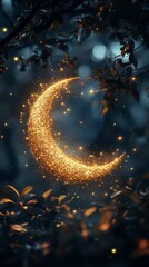 Wall Mural - golden crescent moon with sparkling stars in a night sky backdrop.