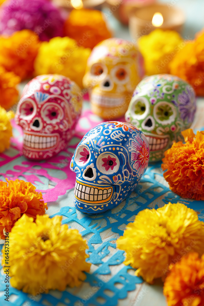 Bright sugar skulls with marigolds and papel picado celebrate Dia de ...