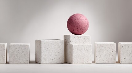 Canvas Print - pink sphere on beige cubes in minimalist modern art composition