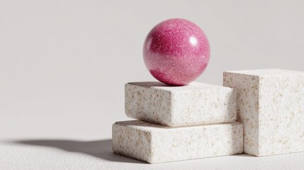 Canvas Print - pink marble sphere balancing on geometric white blocks