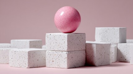 Canvas Print - pink sphere on textured white blocks with soft pink background