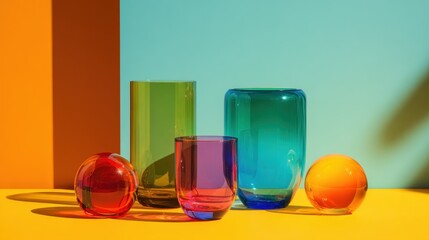 Canvas Print - Colorful Glass Vessels with Bold Background and Vibrant Shadows