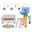 © shmai - Electrician on ladder installing light fixture concept, DIY lighting technician vector design, Electric Profession banner, Low High Voltage Power Supply scene Handyman and Repairman stock illustration