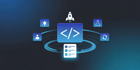 Software development project with coding and task list icons for innovative technology solutions