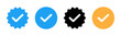 © luvinda - Blue tick verified social media account icons. approved profile sign. black, gold and blue tick in circles and rounded corner star. vector illustration on transparent png background.