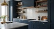 © Playful - modern kitchen interior with deep navy cabinetry with walnut open shelving and brass accents