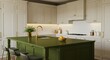 © Playful - modern kitchen interior with olive green island with cream cabinetry and gold accents.