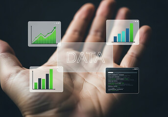 Hand holding data concept featuring charts graphs and programming code for business analysis