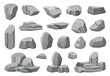 © Ukio.stock - Cartoon grey stone and rock clipart, 3D boulders and pebbles, pile of rubble and debris, isolated natural landscape elements, mountain cliff and rocky terrain design. Vector set