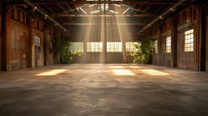 Wall Mural - Spacious industrial interior with sunlight streaming through large windows, illuminating rustic floor and creating warm atmosphere. Green plants add touch of nature to environment
